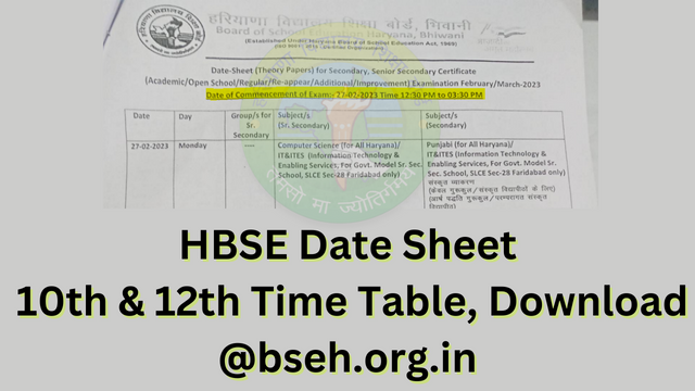 HBSE Date Sheet 2023, 10th & 12th Time Table, Download @bseh.org.in