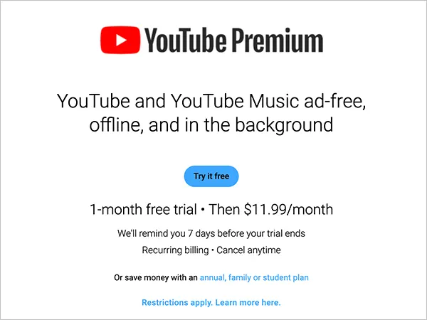 YouTube Premium homepage.